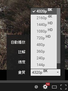 播放品质设定现有9阶不同品质的设定，包括解析度4K和8K。（图取自YouTube）