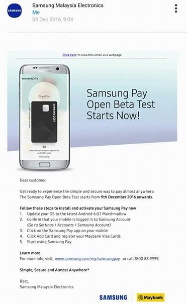 网民获邀试用Samsung Pay