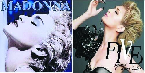滨崎步（右）的《FIVE》专辑封面和麦当娜（左）的《True Blue》专辑几乎一模一样。