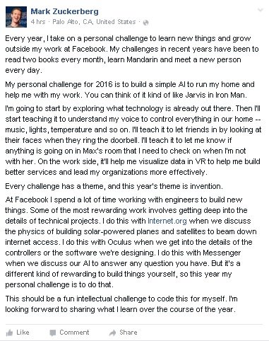 朱克伯格在面子书公佈2016年的自我挑战。