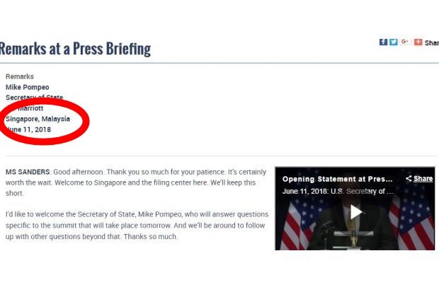 美国国务院官网標示的地点：JW万豪酒店， 新加坡，马来西亚。