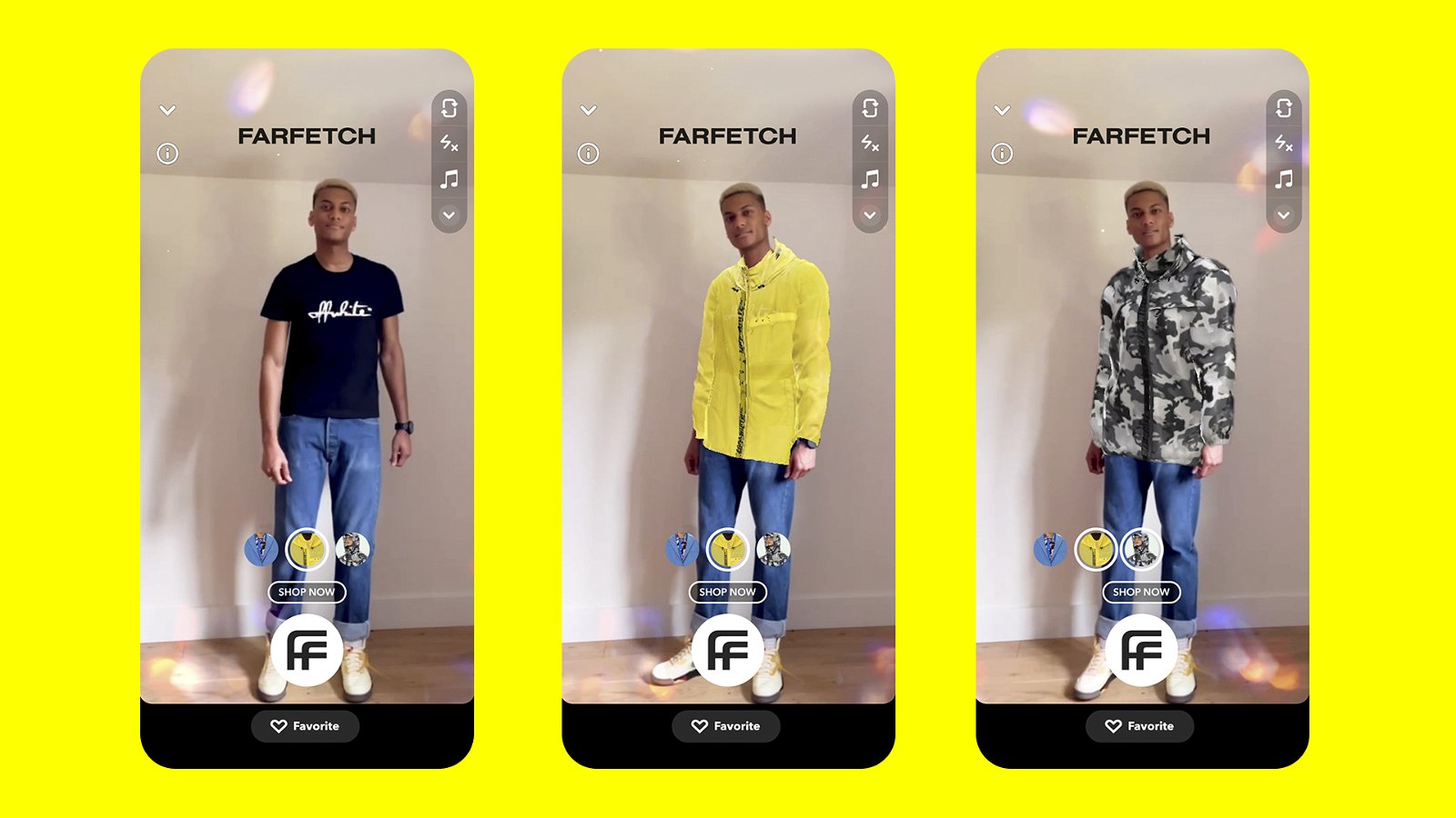 透过AR技术，Snapchat用家可以透过App来视化在现实生活中穿著商品的模样，提供如同身临其境的购物体验。与Farfetch的合作，平台研发了3D Body Mesh和以语音控制技术，让消费者可以透过语音和身体动作，指示程式来浏览和查阅尝试的商品。