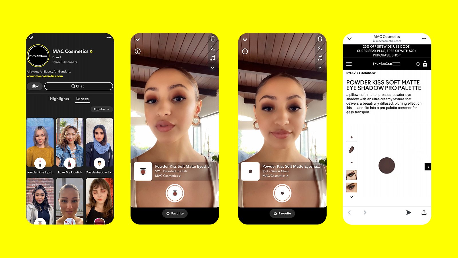 Snapchat上个月宣布与彩妆品牌MAC合作推出“即时购物滤镜”，让消费者透过扩增实境技术在平台上进行虚拟试妆并购买产品。