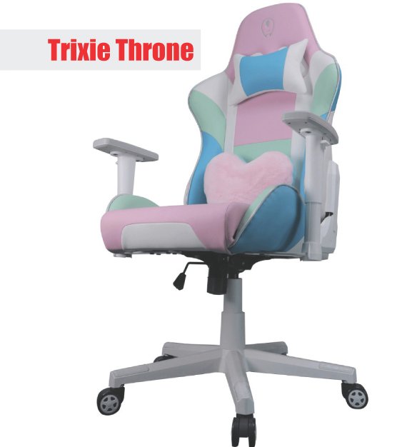 专为女性玩家设计的电竞椅Trixie Throne，价格为899令吉。女性专属电竞椅在市面上可说是非常少见，陈志安对此表示，马来西亚用户有自己独特的地方，也很勇于挑战不同的事物，因此，即便粉色电竞椅市场不大，他们也勇于尝试。