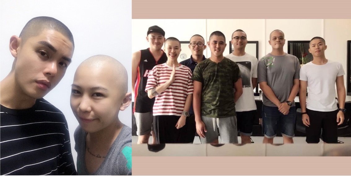 张宝仪化疗落发，不得不剃光头，家人朋友陪同她剃头，一起抗癌，艺人朋友许亮宇（左图左）也是其中一位。