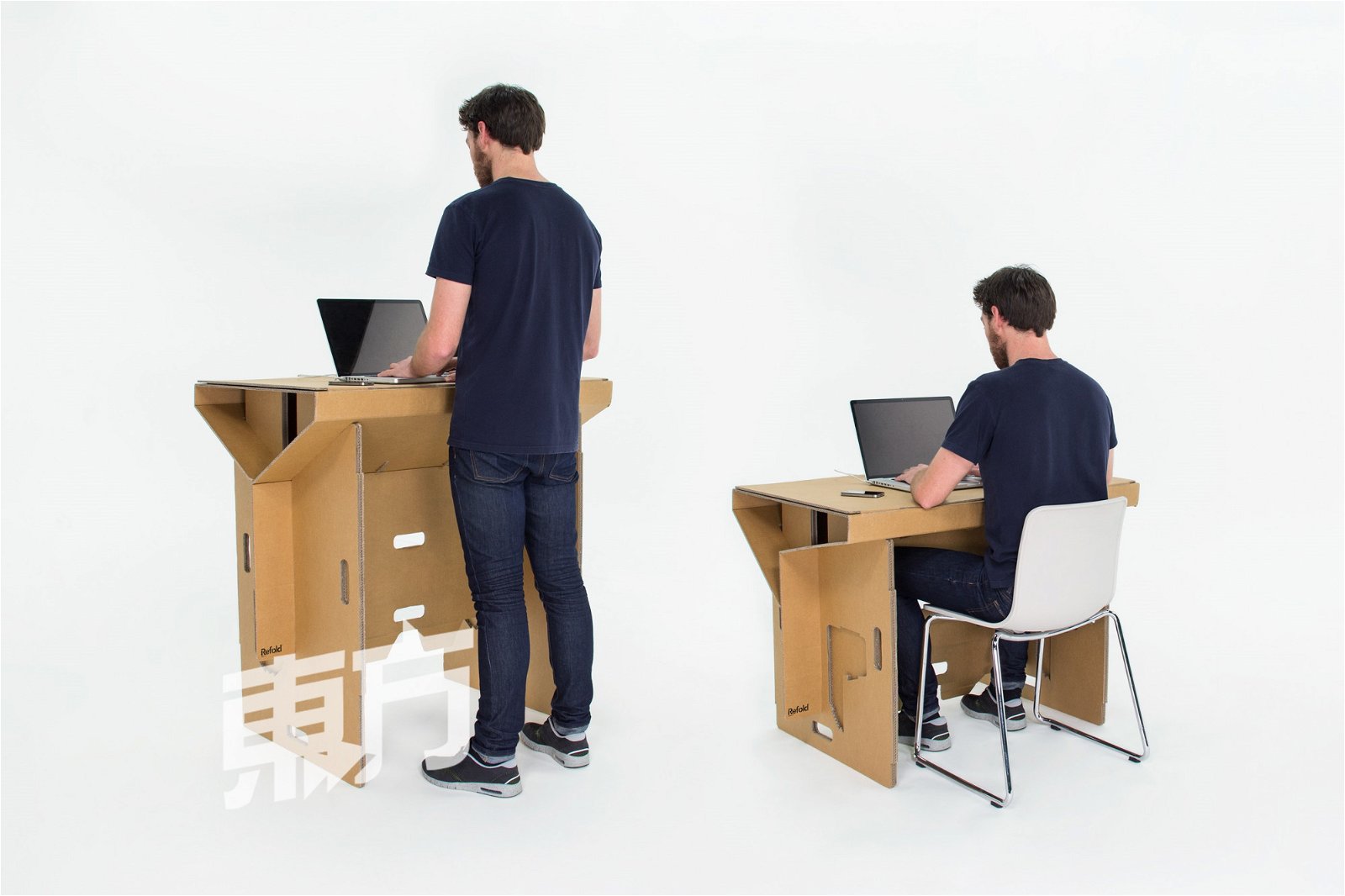 Refold的纸板桌轻巧且便于携带，设计也符合人体工学，坐下时高度适中，站起来也能根据自身身高调整桌子高度。