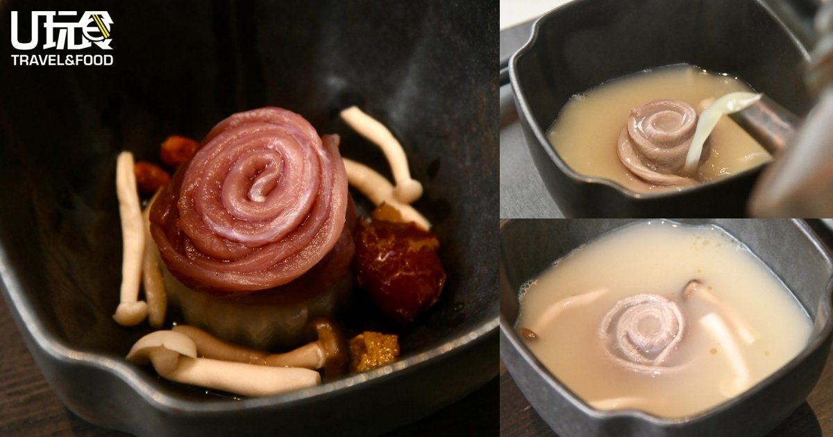 生鸭胸加入熬煮了12小时的鸡汤炖煮，只需涮30秒便能食用。以鸭胸取代牛肉，不仅保留了肉质的嫩滑口感，还赋予了料理更为独特的风味。
