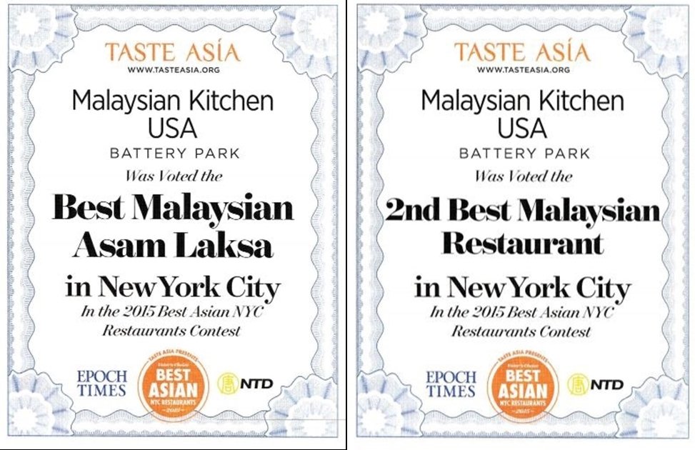 开店未满一年，马来乡厨就获纽约“亚洲美食节”（Taste Asia）颁发多个奖项，包括纽约市第二佳大马餐厅、纽约市最佳亚参叻沙等。