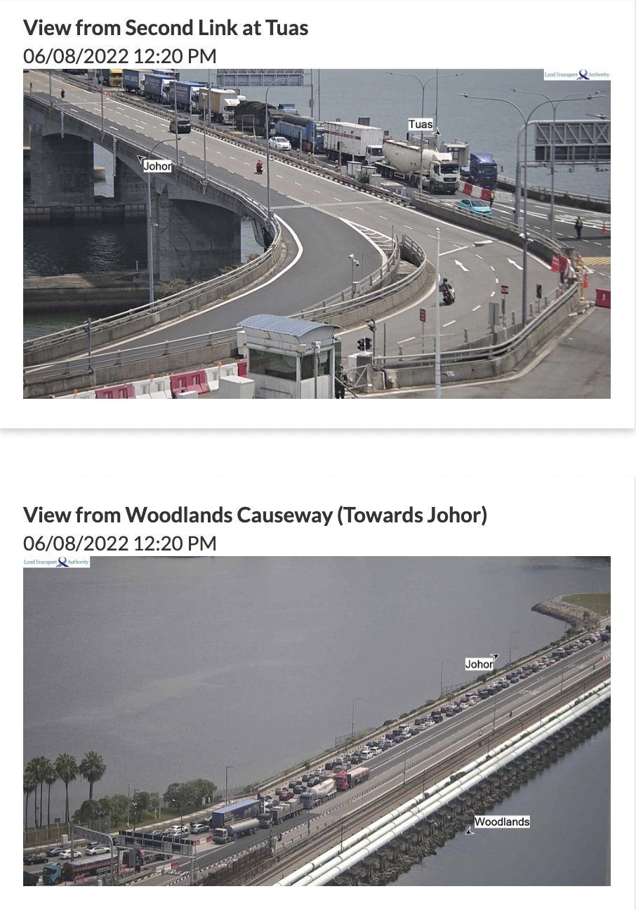 新加坡陆路交通局OneMotoring网站的闭路电视画面显示，柔佛长堤和马新第二通道周六中午交通情况拥堵。