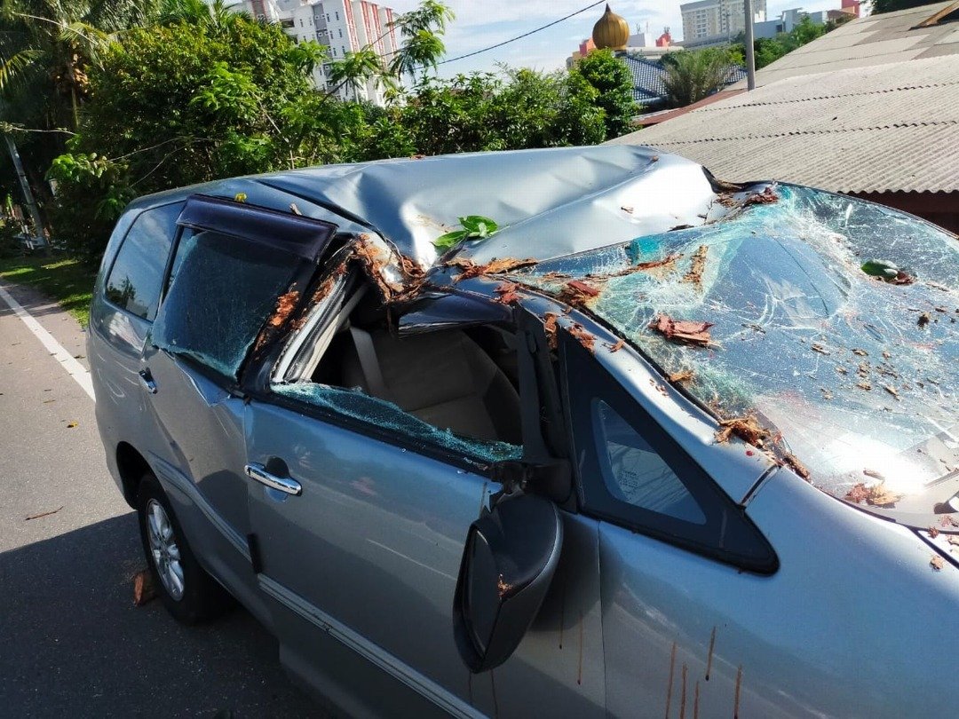 轿车的车镜和车顶被压损。