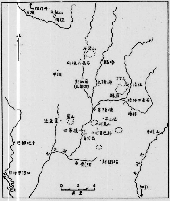 《叶德来传》收录的一张吉隆坡与周边地图，标志古打磷、八打灵山与八打灵巴都所在。