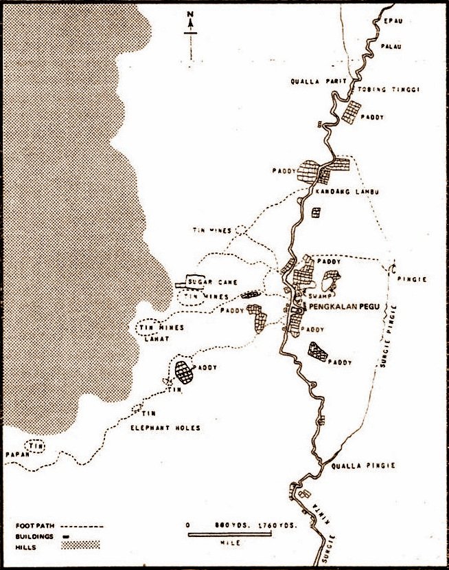 1870年代霹雳参政司Birch手绘地图，从甲板有人行走道可通往近打河岸的Pengkalan Kacha。