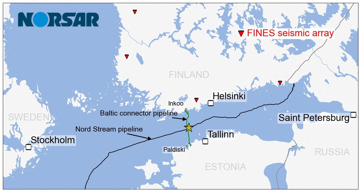 路透社本月13日获得的一张图表，显示了连接芬兰和爱沙尼亚的“波罗的海连接器”（Balticconnector）双向天然气管道，本月8日受损的情况。（图取自挪威地震台阵NORSAR/路透社）