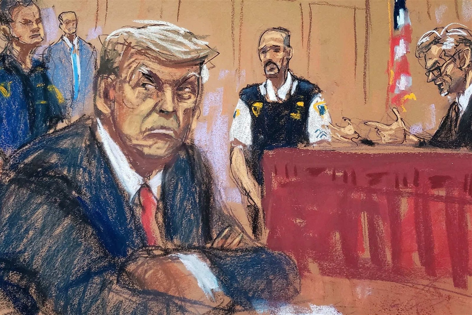 罗森伯格（Jane Rosenberg）描绘的“特朗普怒视检察官”的素描在网络疯传，《纽约客》更将该素描放在杂志封面。