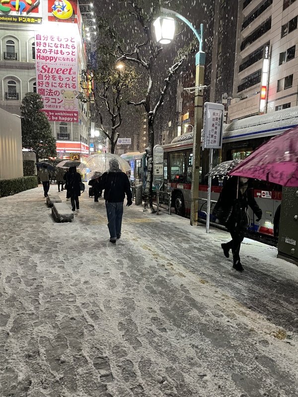日本气象厅周一针对东京发布入冬以来首次大雪警报，市中心多处出现3公分以上积雪。（图取自中央社）