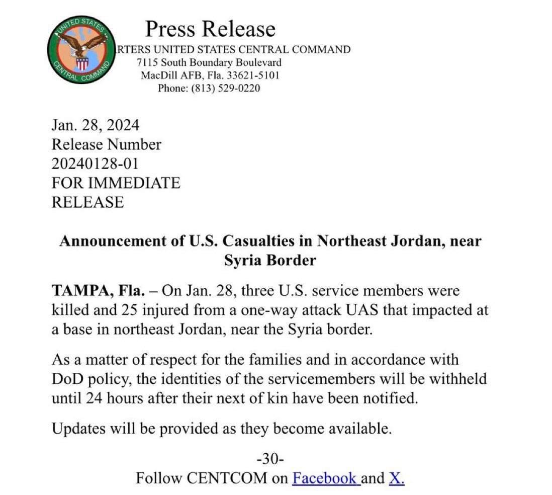 美国中央司令部当地时间周日证实，3名驻约旦基地美军在上周六的无人机袭击中身亡。（图取自X）