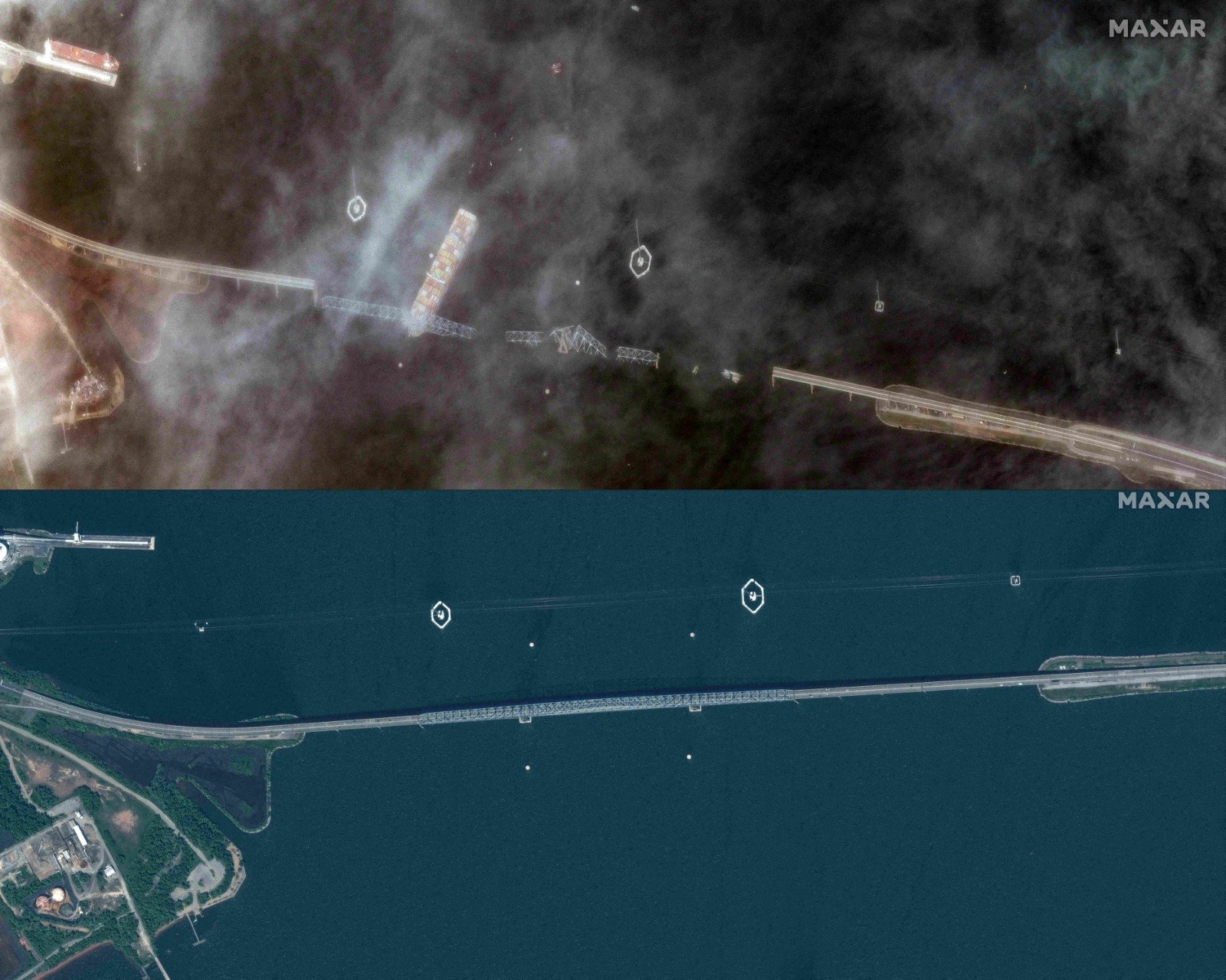 卫星拍摄的组图显示，弗朗西斯斯科特基桥被撞后（上）和被撞前的对比。（图取自Satellite image ©2024 Maxar Technologies /法新社）