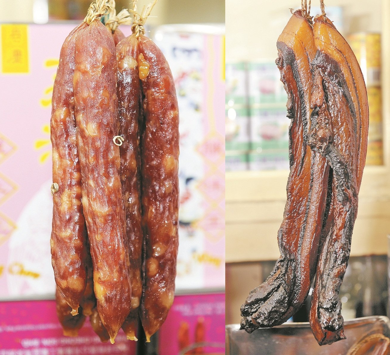永州腊肠（左）与腊肉（右）。