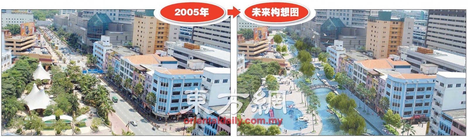 左图为2005年，柔州政府将纱玉河掩盖，花费600万令吉打造人行道；右图为纱玉河重新开盖后的构想图，整顿工程将向韩国清溪川取经。