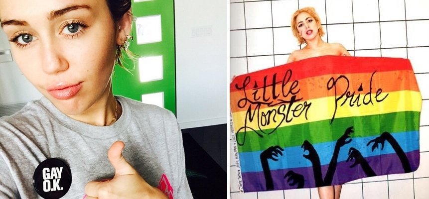 承认自己双性恋的麦莉赛勒斯（左图）在Instagram上传著“GAY OK”徽章，并竖起大拇指的照片；女神卡卡也支持同志平权。（图取自Instagram）