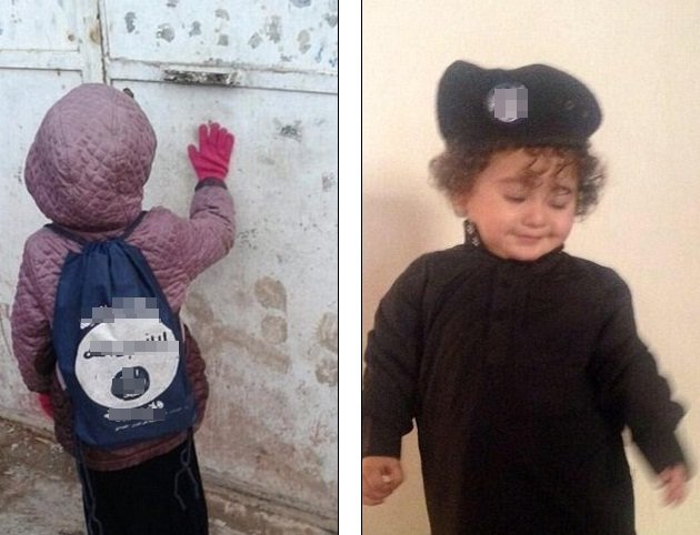 儿童用背包及帽子都印上了ISIL的标志。（图取自《每日邮报》）