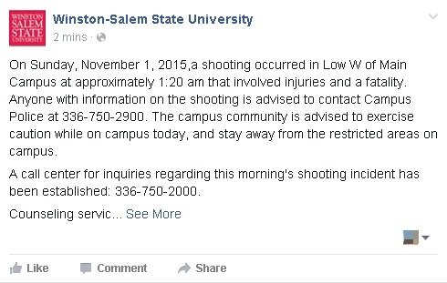 温斯顿赛伦州立大学在面子书公布枪击案进展。
