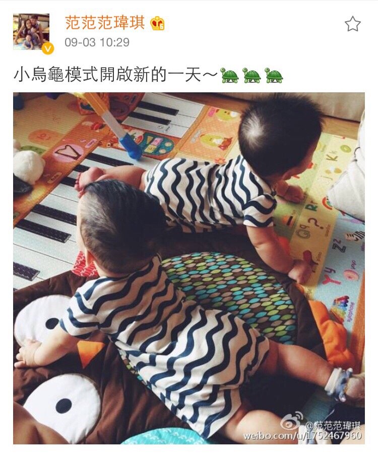 范玮琪在微博发布一张双胞胎儿子在地上爬的照片，牵动起中国网民神经，虽然她事后删了照片，但还是被网民截了图。