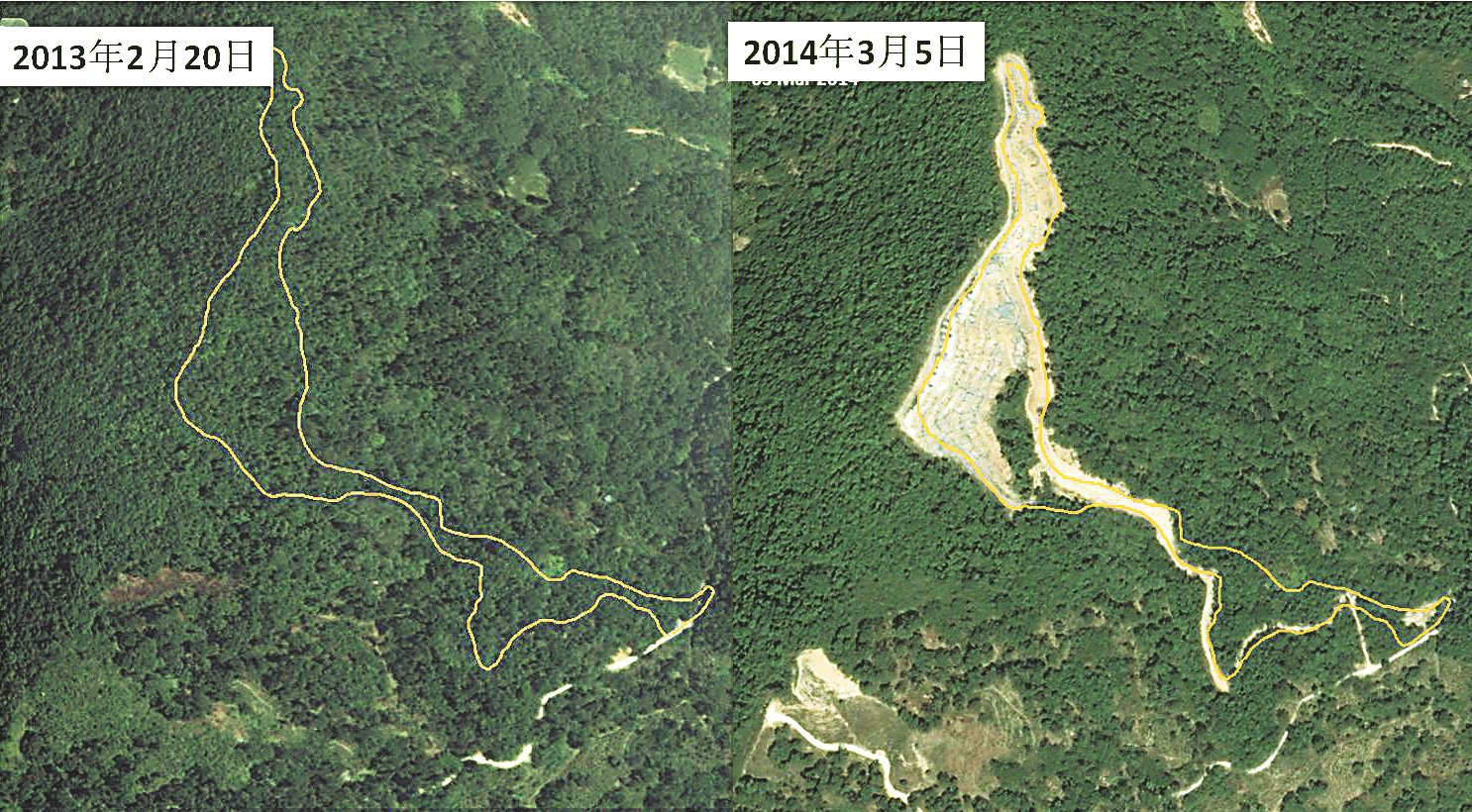 湖内秃头山在2013年2月20日依然是绿油油的森林地，但在2014年3月5日已出现一大片被非法开发的地段，其范围更不断扩大（黄色线为截至2015年8月被开发范围）。