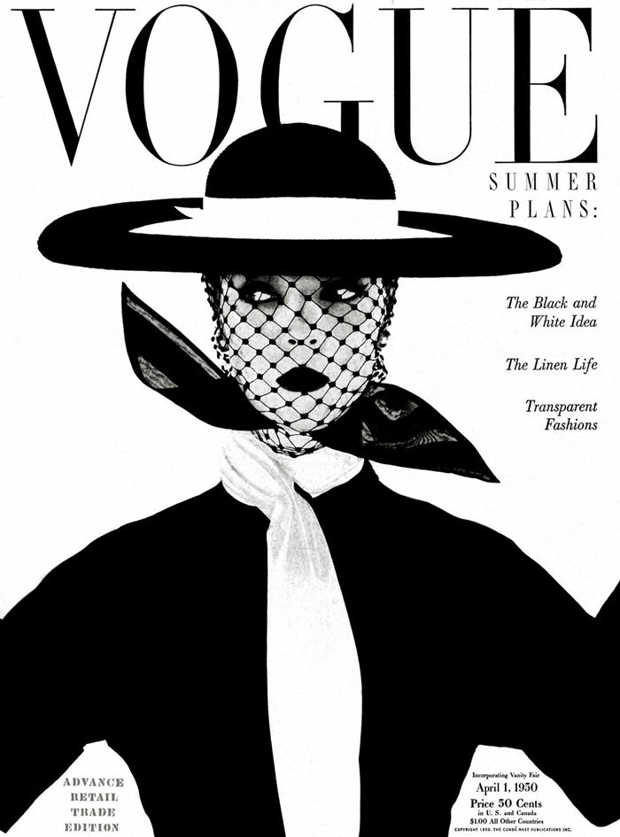 自1926年香奈儿的小黑裙诞生，黑白色调延续至优雅的50年代，通过时装大师、好莱坞明 星，以及时尚杂志的塑造，留下不可磨灭的印记。图为1950年4月《Vogue》封面。