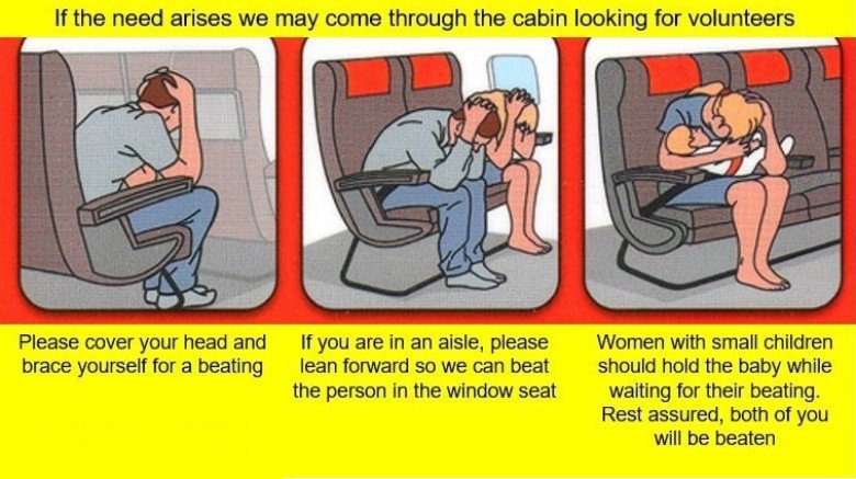 “安全指示”叫乘客留意，在空服员找人下机时要准备被打。