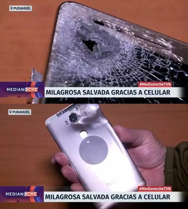被击中的华为手机正面屏幕部分出现一个洞。（图片取自网路）