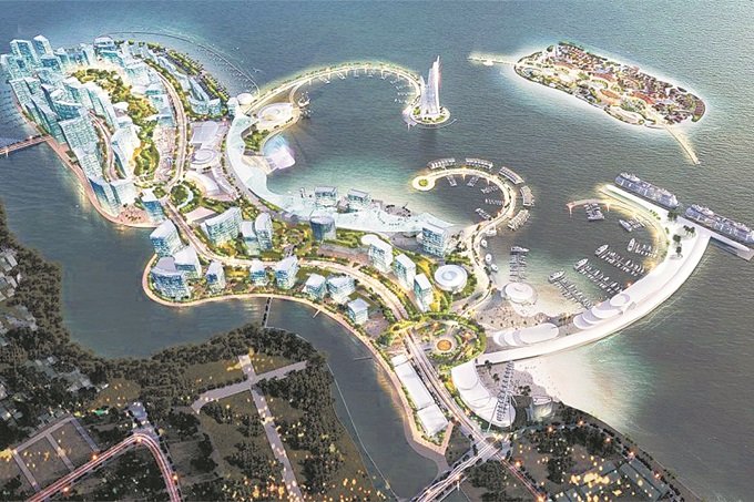 在马六甲皇京港计画下，将耗资百亿令吉，建造3个人造岛，打造集合旅游、商业金融与海洋产业集一身的巨型发展计划。（模拟图）