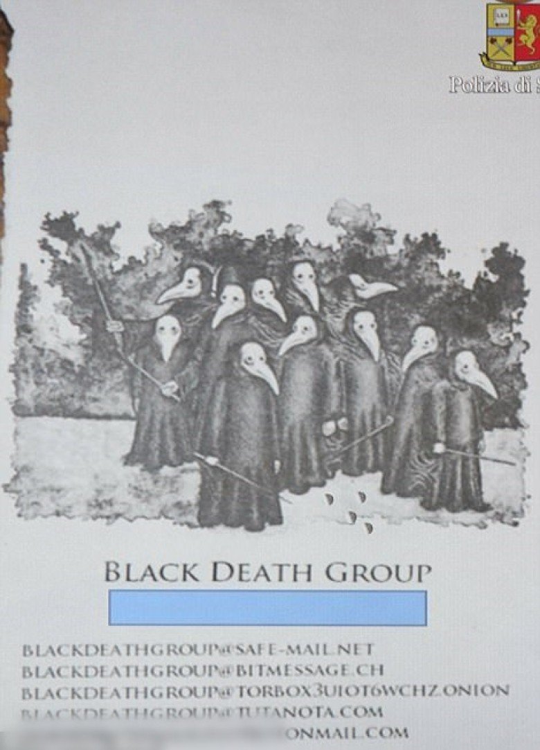 非法走私人口组织黑死团小册子，以黑死病有关的图画作为标志。