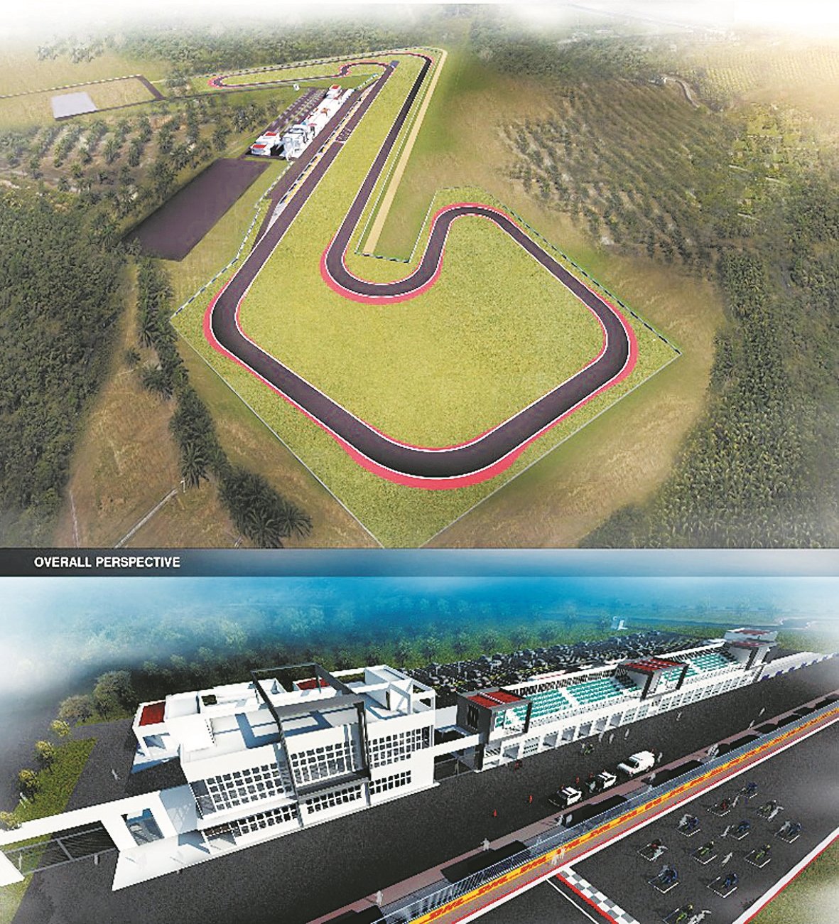 耗资3000万令吉打造的摩哆赛车场跑道模拟图及行政管理建筑物。