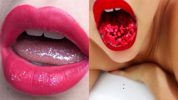 许多人尝试将亮片搭配不同的唇色，打造出华丽的妆容。