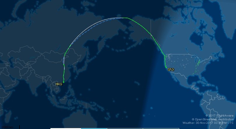 12月1日国泰CX893改变航线，远离日韩空域。