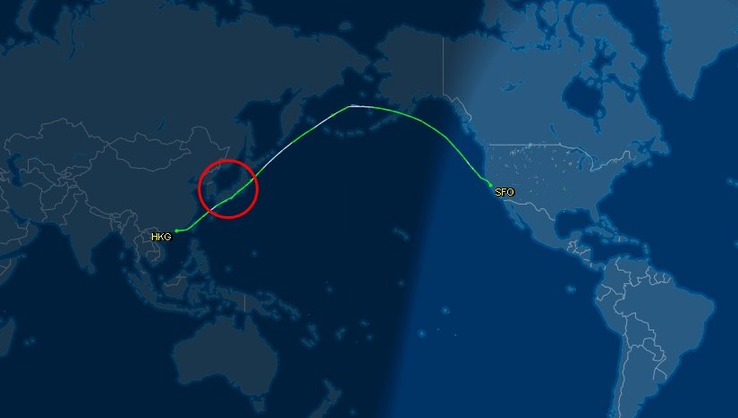 11月29日国泰CX893航线靠近日韩空域。