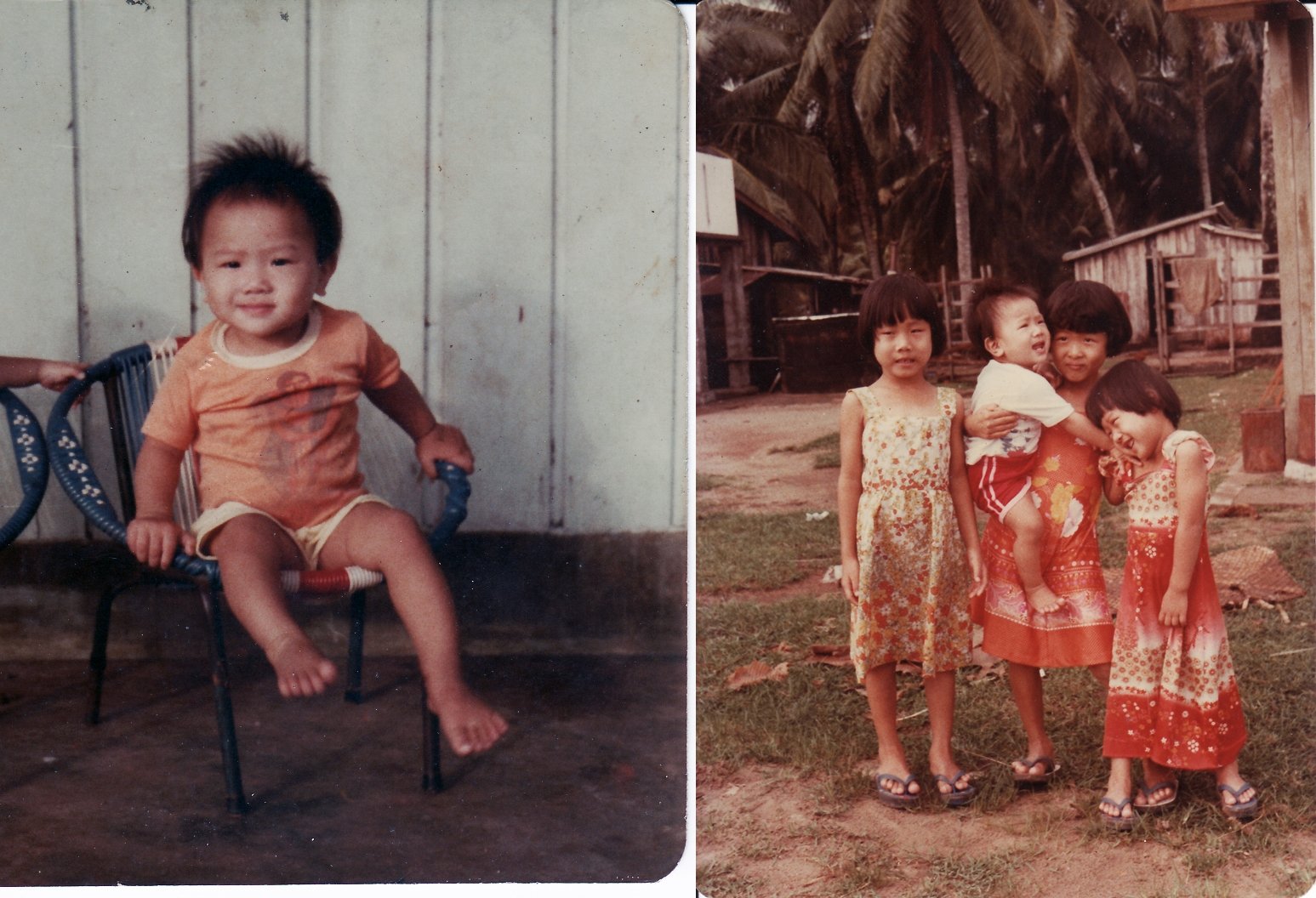 左图为陈翠梅1岁时的照片。右图为陈翠梅与3个姐姐的合照。