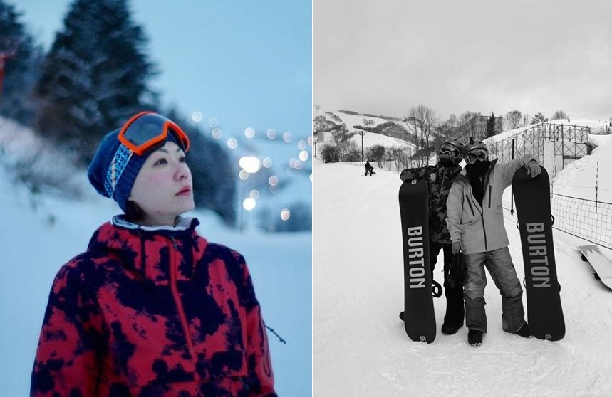杜汶泽带老婆田蕊妮到日本滑雪，并带新相机为她留倩影。