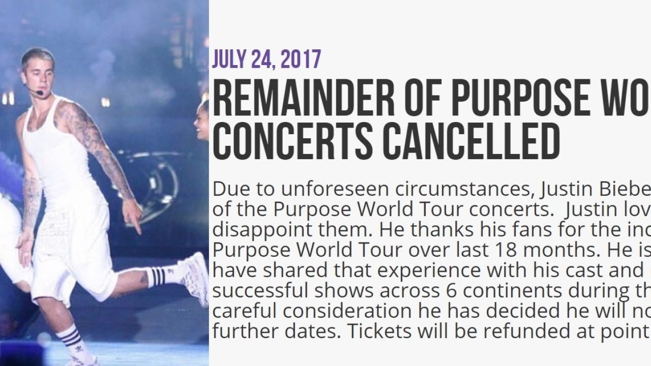贾斯汀经理人公司24日晚于官方网站宣布，巡演全面取消。