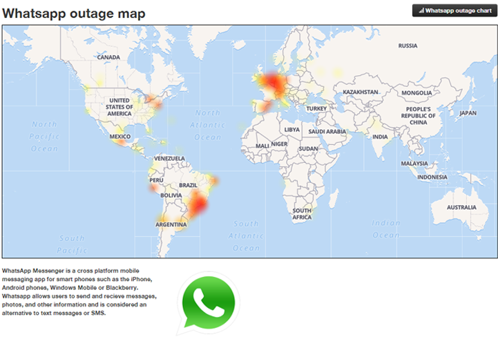 WhatsApp全球大当机主要受影响地区。（图片取自网路）