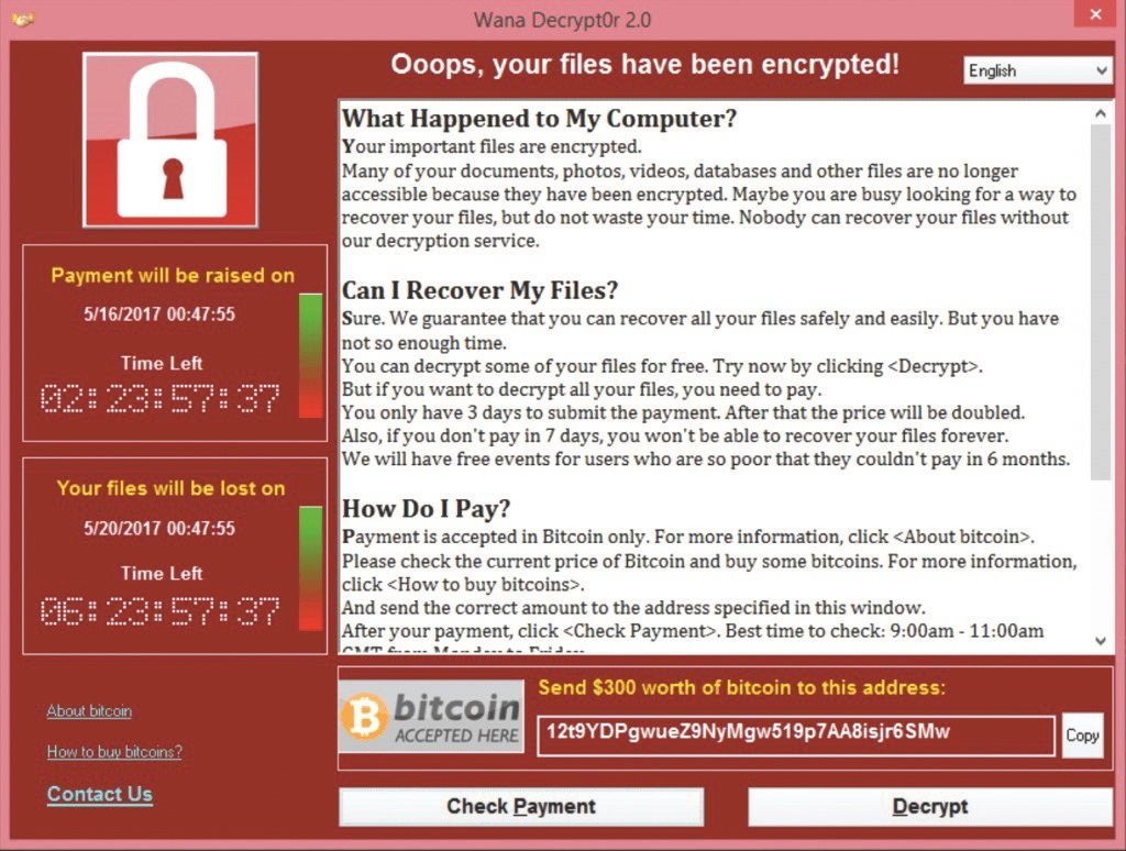 被WannaCry勒索软件攻击的电脑，会显示以上界面向受害者“解释状况”，并附上7日期限的倒数计时器和比特币账户要求赎金。