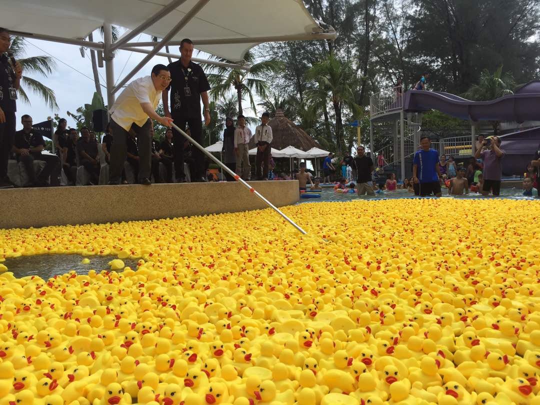 林冠英出席硬石酒店举办的“10万只塑料小黄鸭为听障学校筹款”活动，捞起可爱的小黄鸭，并呼吁民众积极捐款。（摄影：吴维康）