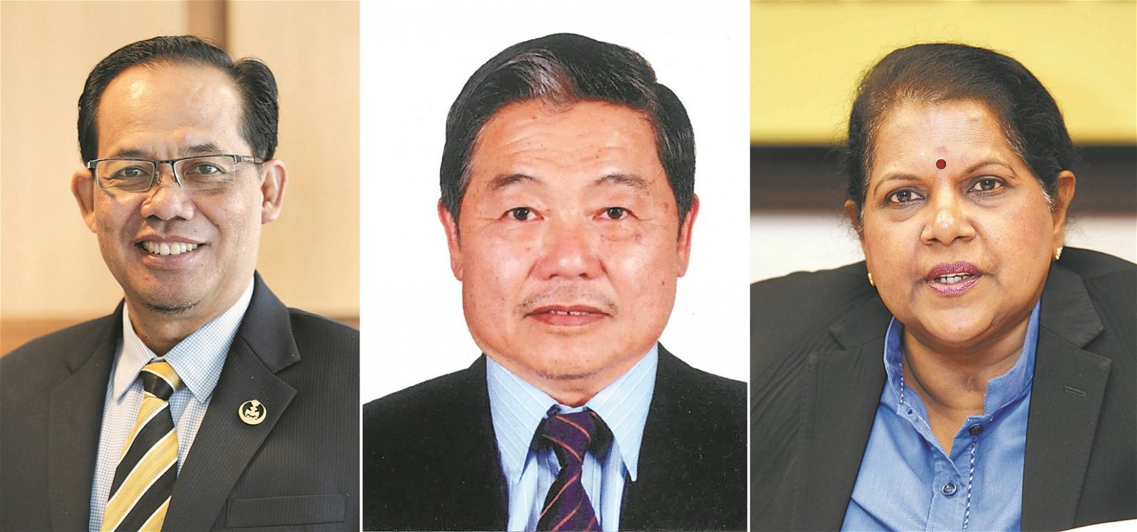 霹州行政议员拿督三苏丁（左）受封DPCM拿督勋衔；马华宜力区会主席温达雄（中）受封DPMP拿督勋衔；霹雳州议长丹嘉华丽（右）受封DPMP拿督勋衔。