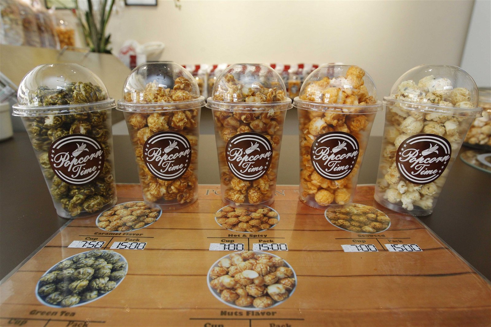 “爆米花专卖店PopcornTime”目前共有5种口味的爆米花供顾客选择。