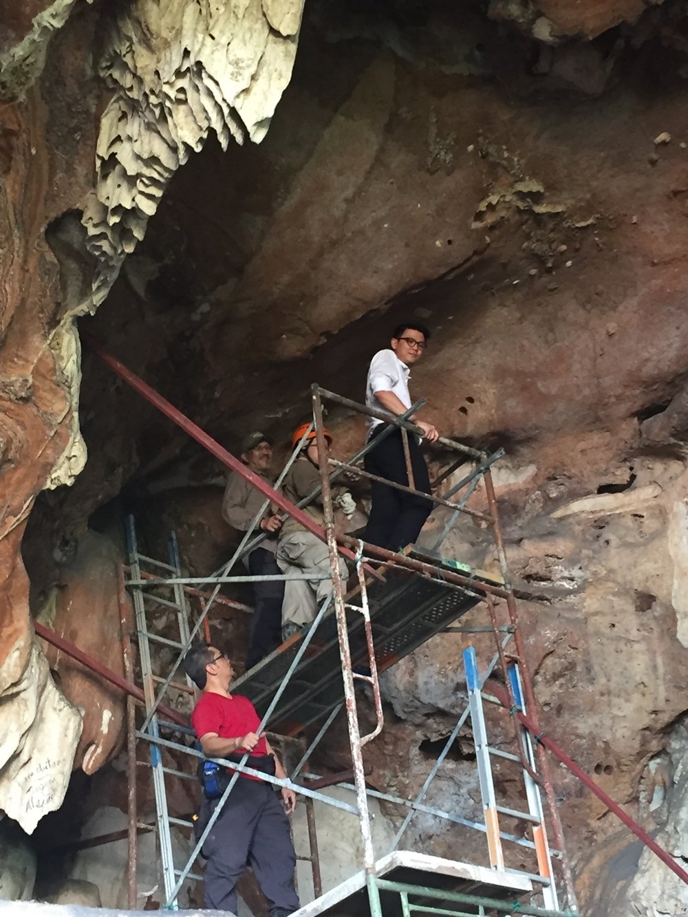 陈家兴攀上鹰架，近距离观察洞壁上的老虎化石（白色部分）。
