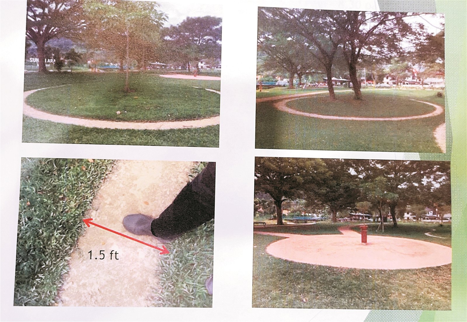 槟岛市政厅发布照片，显示新港直线公园草地已遭“八卦内功”的会员“开辟”多个圈圈走道，严重破坏公园草地。