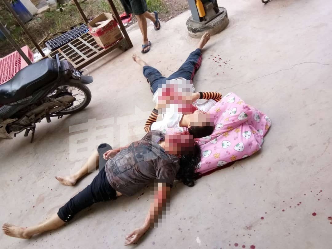谢淑妮（左）遇袭后深受重伤，躺在地上奄奄一息，其儿子也负伤倒地。
