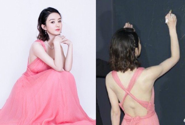 赵丽颖昨美套Dior礼服，背部有明显伤疤（右图）。