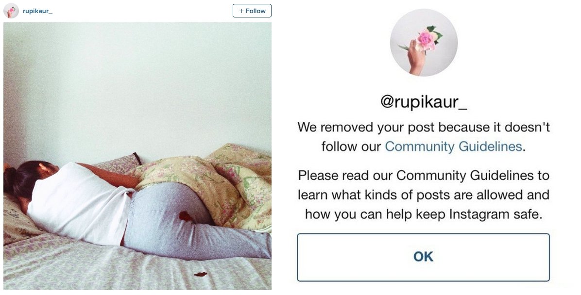 Rupi Kaur在Instagram分享了关于女性经期来临时的照片，遭官方删除2次。（照片取自网络）